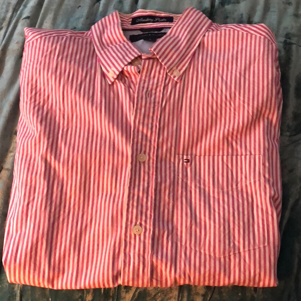 Red and white stripe button down shirt